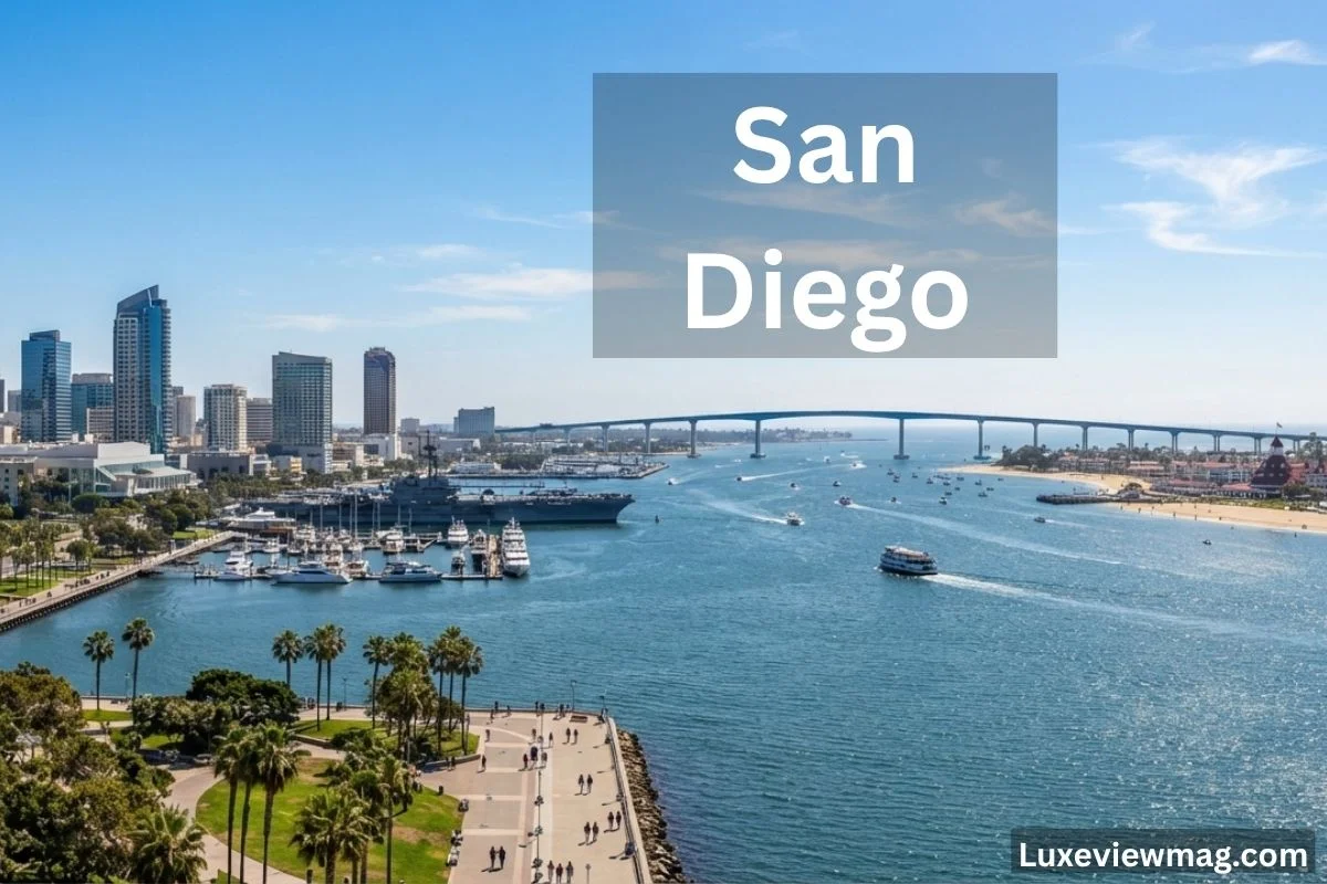 A panoramic view of San Diego, showcasing its skyline, beaches, and vibrant urban landscape.