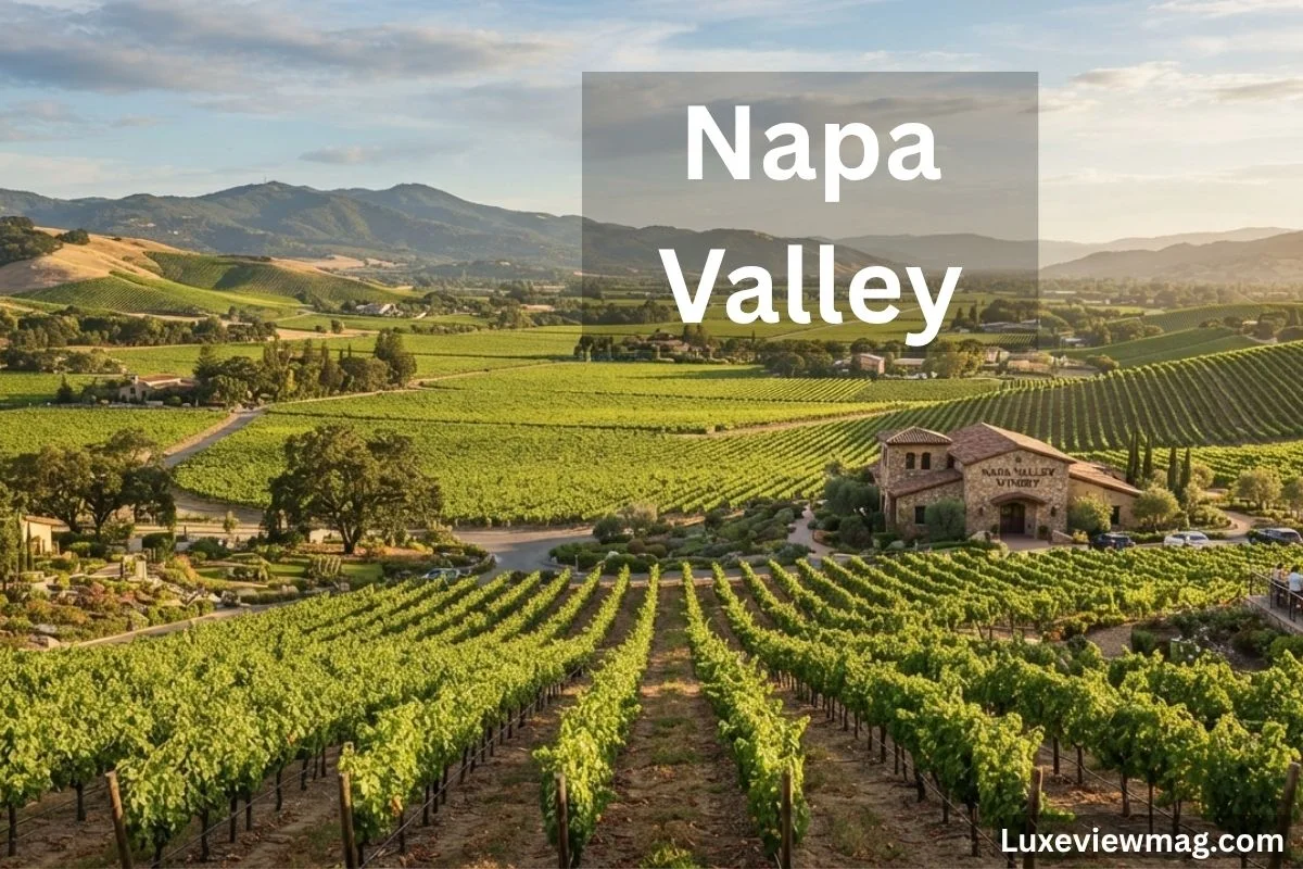Rolling hills of Napa Valley filled with vibrant green vineyards, representing the heart of California's wine country.