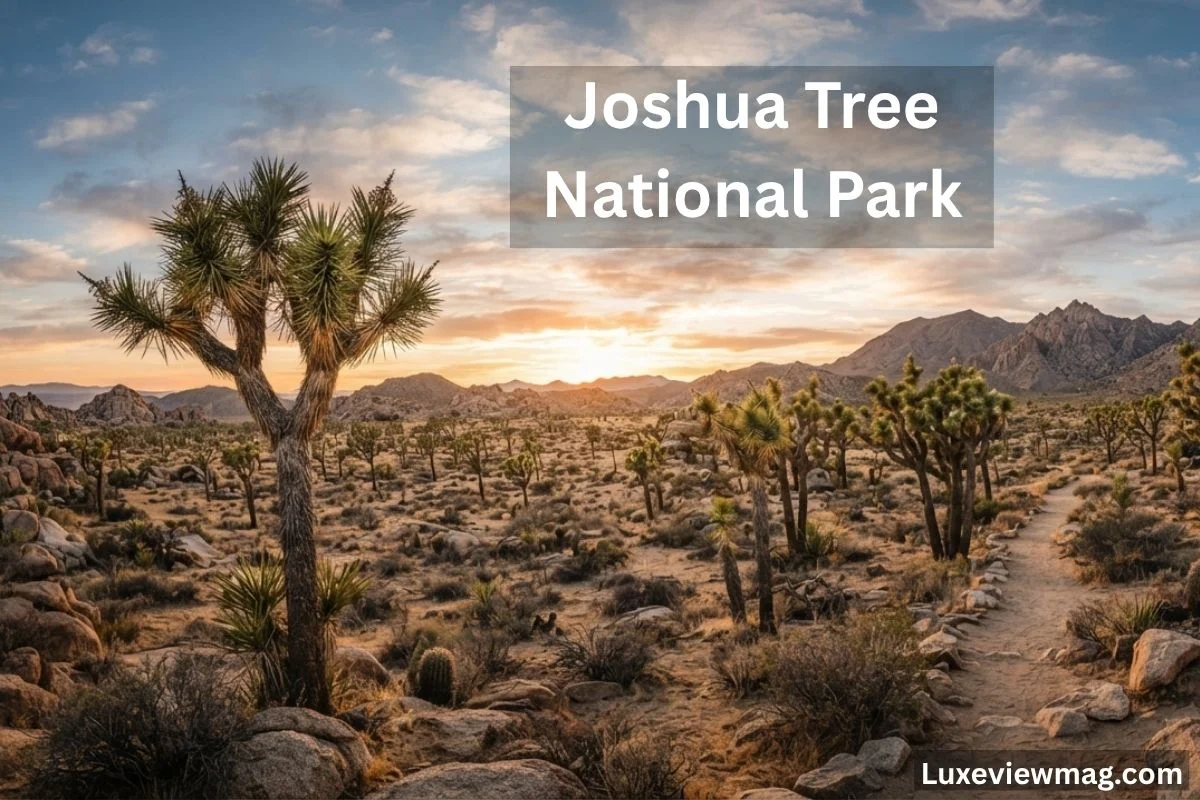 A vast desert scene in Joshua Tree National Park, highlighting the unique flora and dramatic rock formations typical of the area.