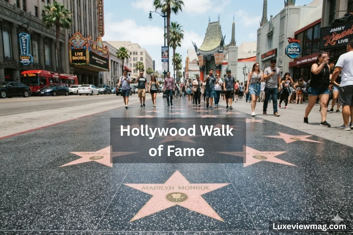 The Hollywood Walk of Fame, showcasing stars honoring celebrities along a bustling sidewalk in Los Angeles.