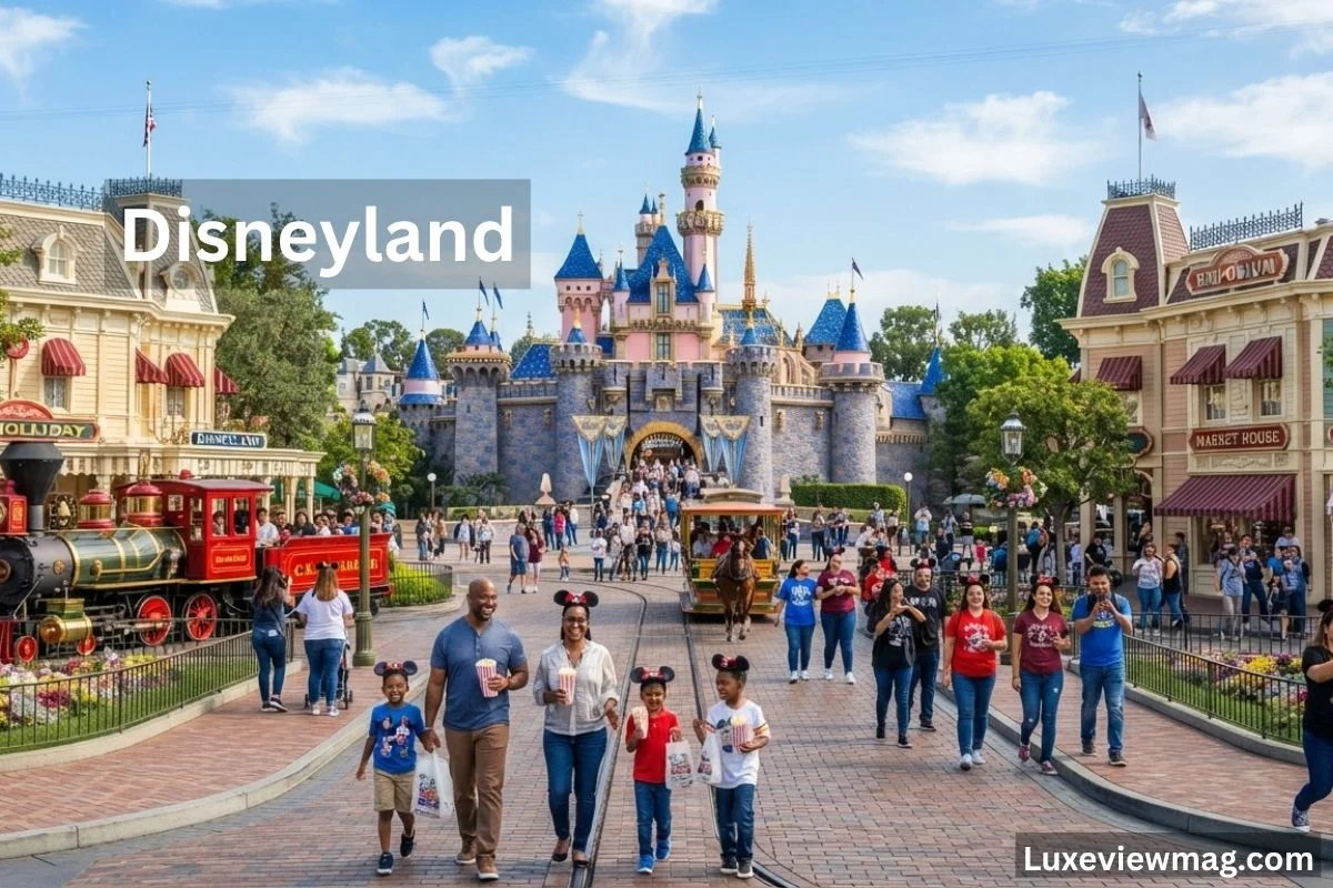Crowds walk near the Sleeping Beauty Castle in Disneyland with families, a red train, and surrounding buildings visible on a sunny day.