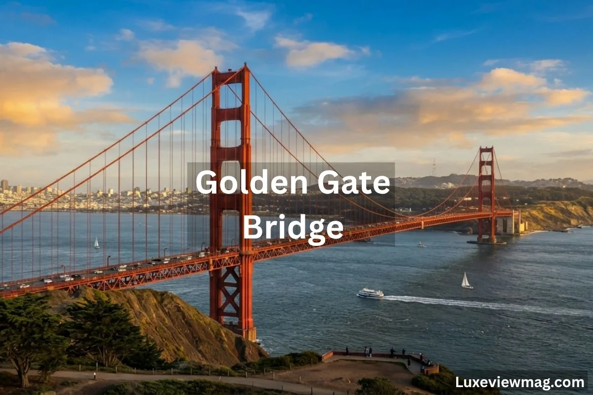 Golden Gate Bridge spanning San Francisco Bay, with its iconic orange-red color against a clear blue sky.