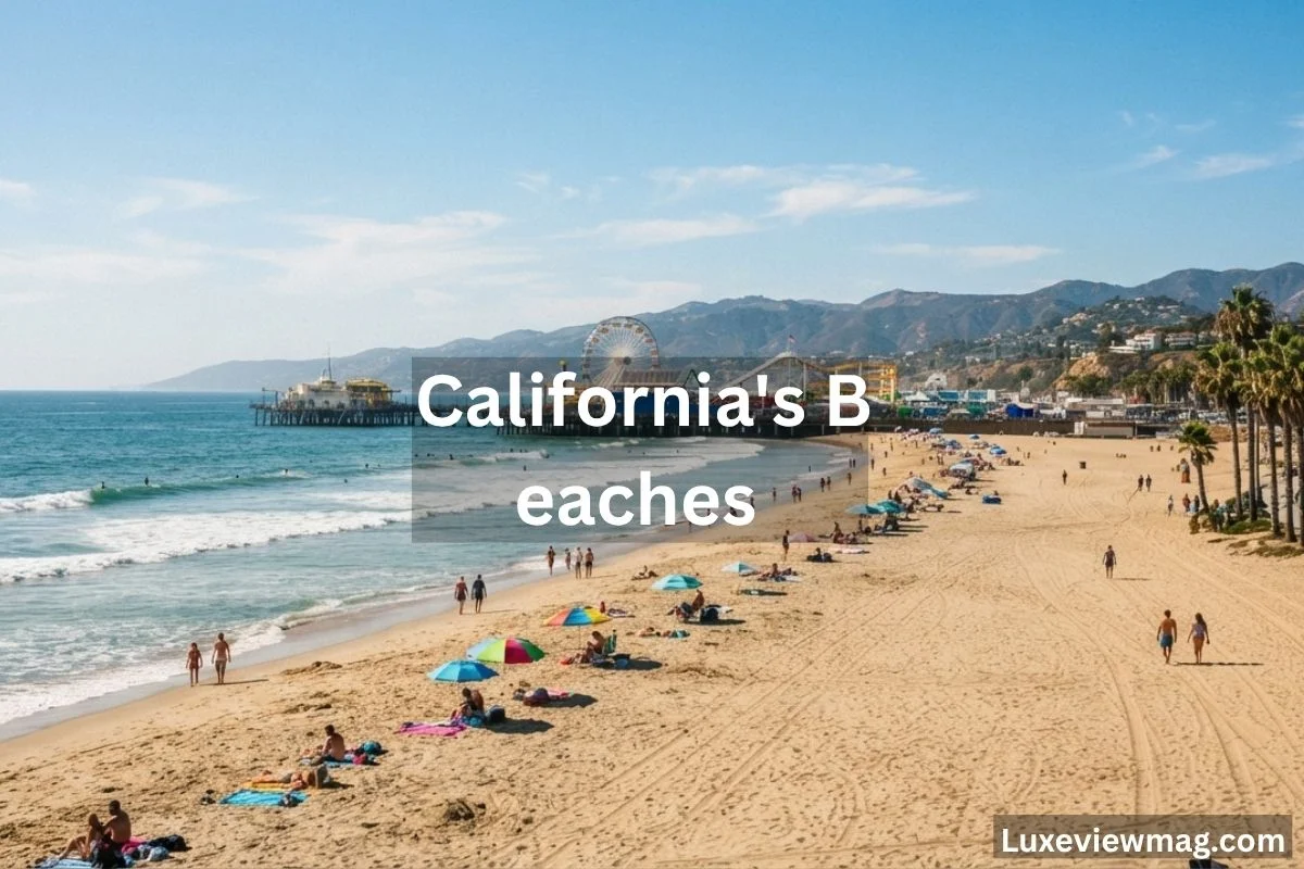 A panoramic image of California's beaches, highlighting the sandy shore, rolling waves, and people relaxing under the sun.