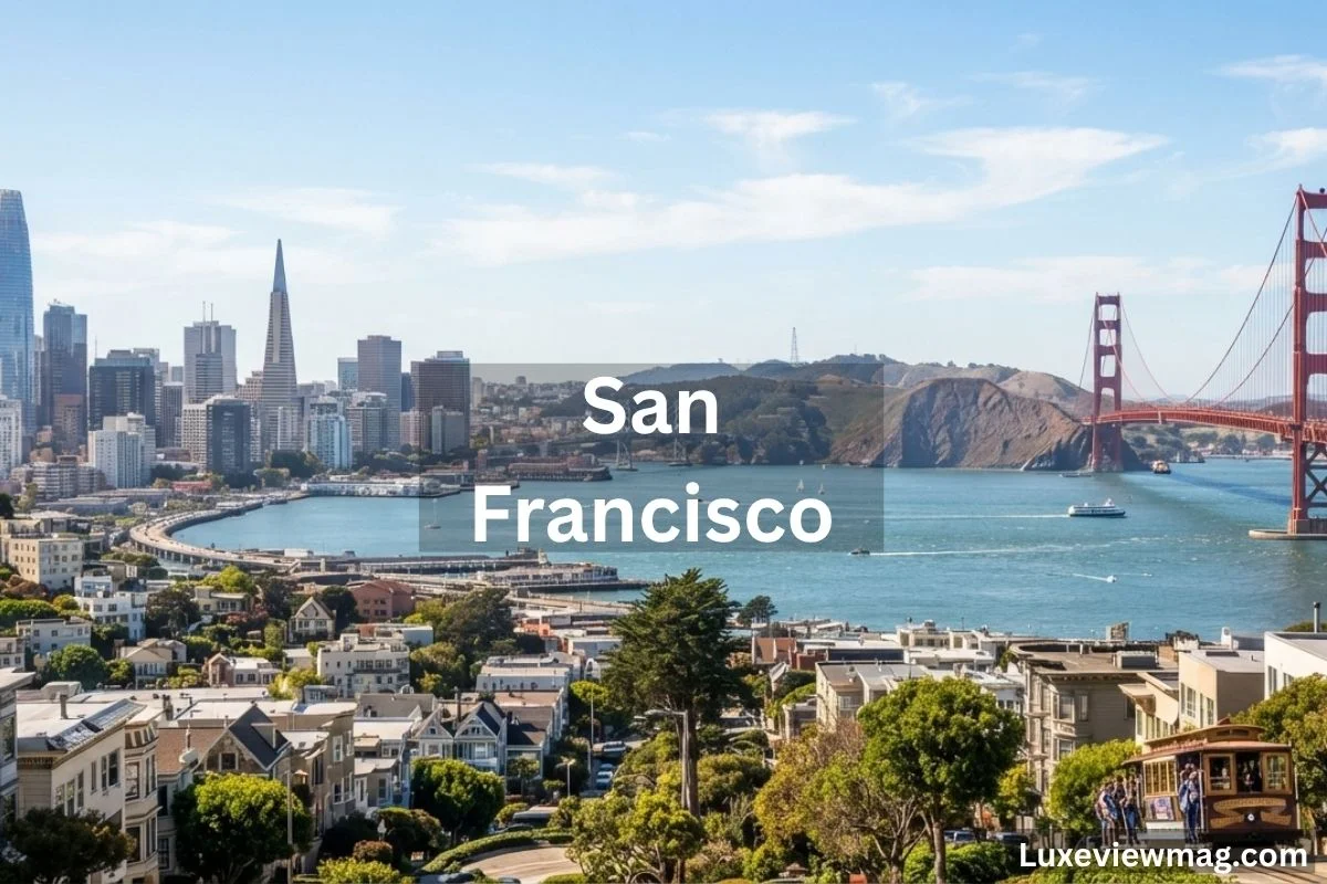 The San Francisco skyline with the Golden Gate Bridge prominently displayed against a clear blue sky.