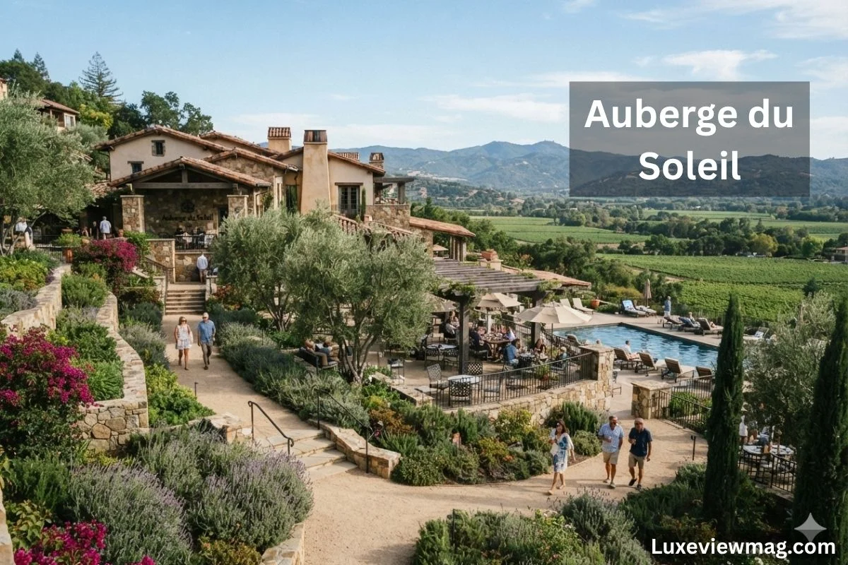 A panoramic image of Auberge du Soleil, highlighting its luxurious ambiance and beautiful landscape in Napa Valley.