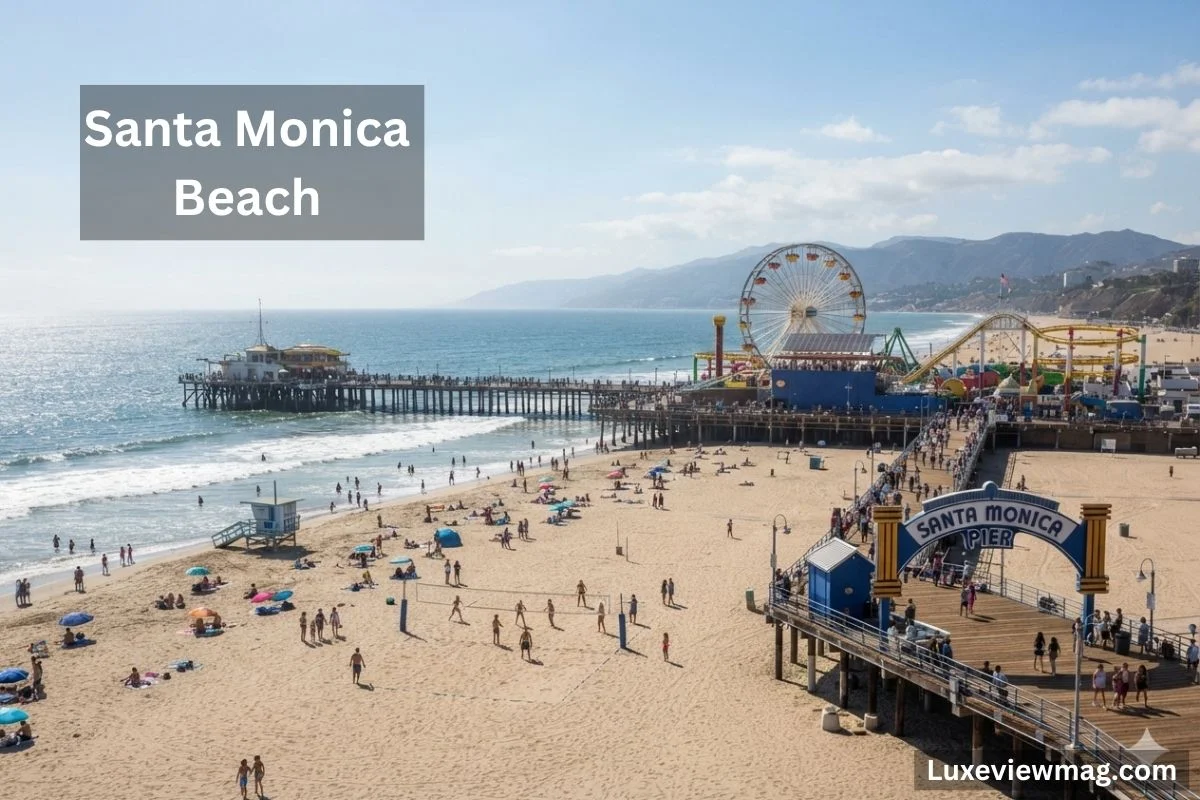 Santa Monica Beach with sunbathers on the sand, surfboards in the water, and the vibrant pier visible in the distance.