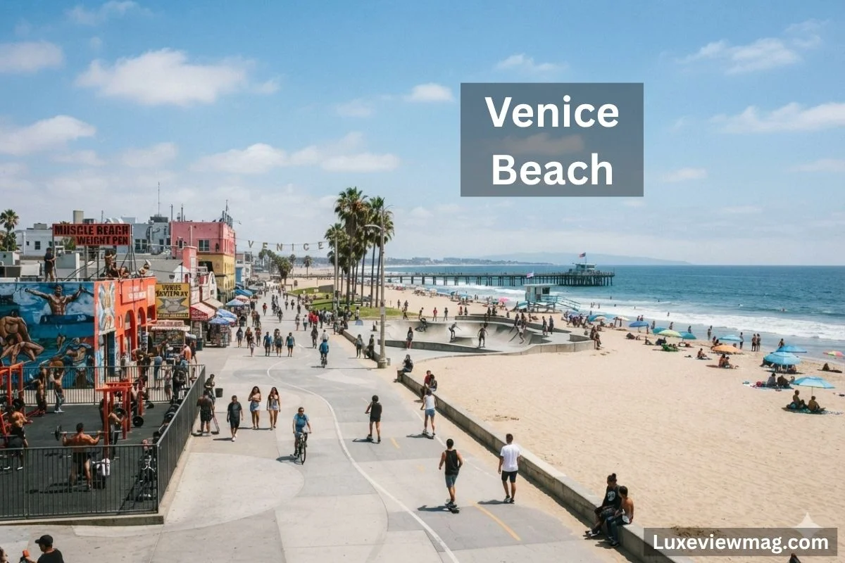 A lively view of Venice Beach, California, featuring sunbathers, surfers, and the iconic boardwalk lined with palm trees.