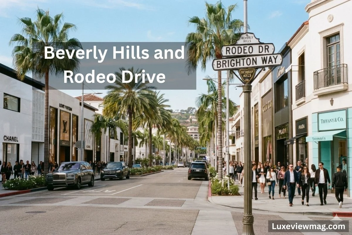 A vibrant street scene of Rodeo Drive in Beverly Hills, featuring upscale boutiques and elegant architecture.