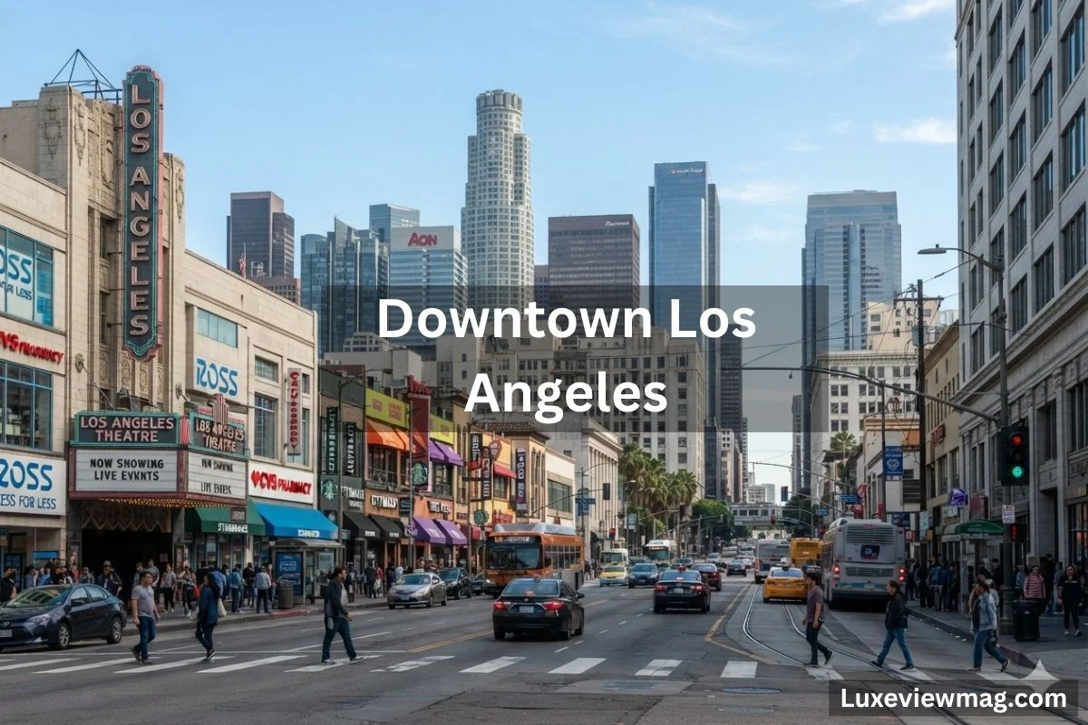 A panoramic view of downtown Los Angeles showcasing skyscrapers and urban architecture under a clear blue sky.