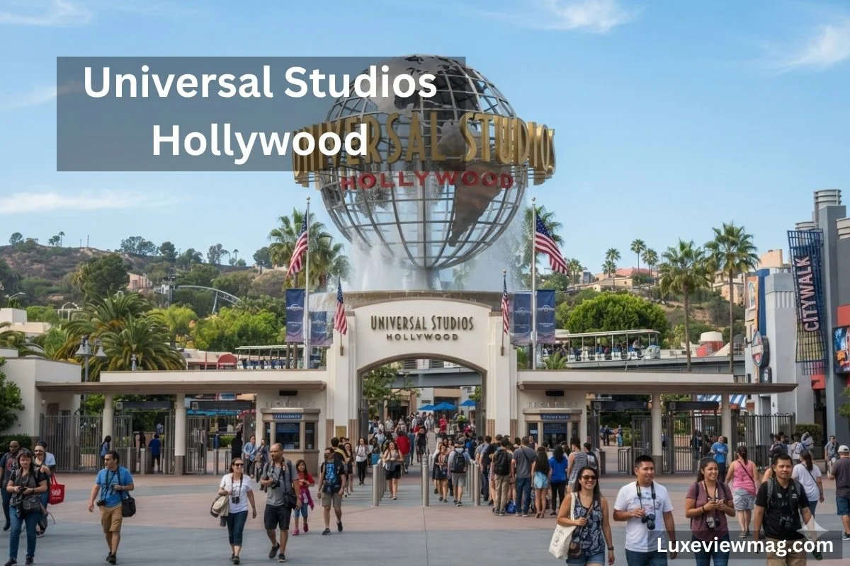 A panoramic view of Universal Studios Hollywood, showcasing iconic attractions and vibrant crowds enjoying the theme park.