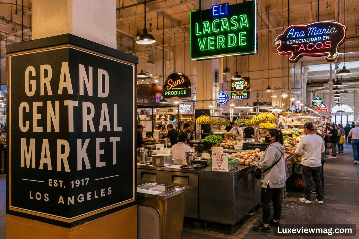 A bustling Grand Central Market in Los Angeles, showcasing diverse food stalls and vibrant crowds enjoying the atmosphere.