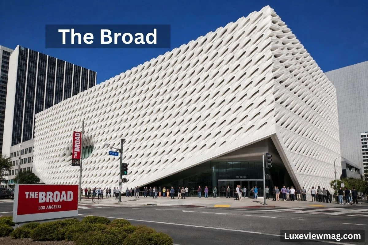 Exterior view of The Broad museum, showcasing its unique architectural design and surrounding urban landscape.
