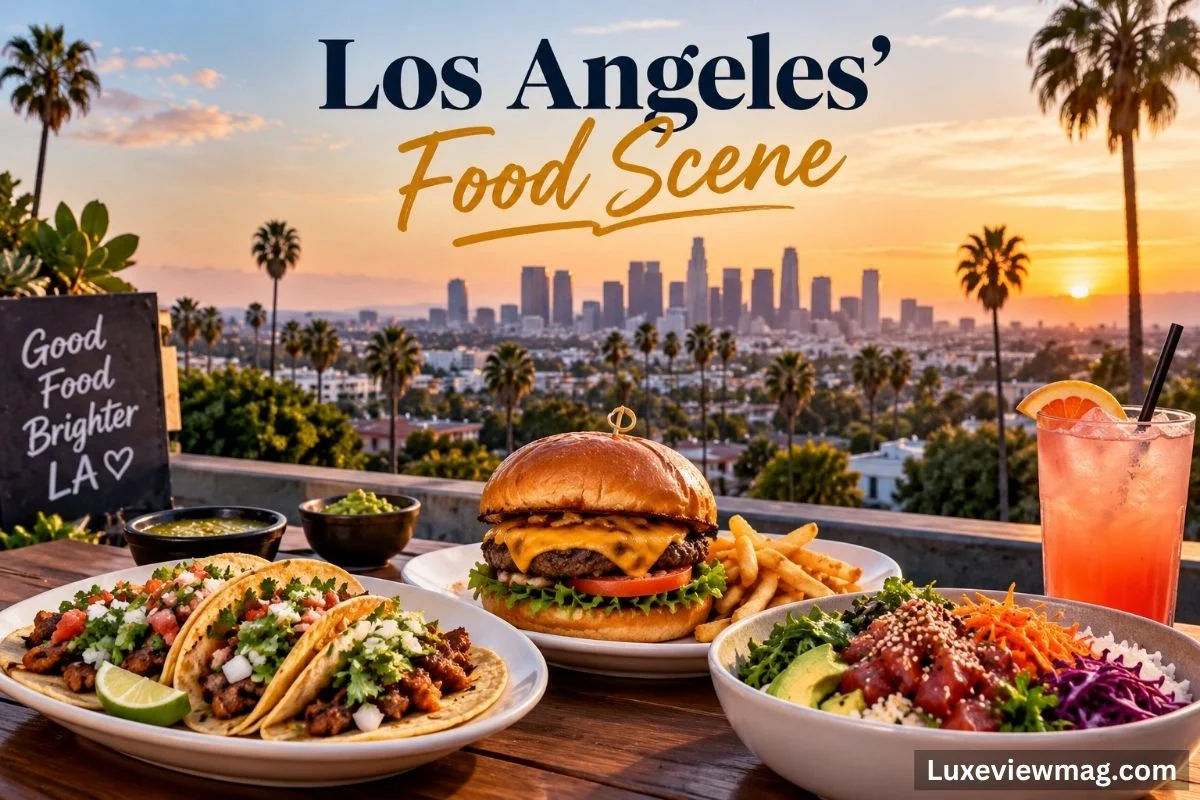 A vibrant collage showcasing diverse dishes from Los Angeles' food scene, highlighting its culinary variety and culture.