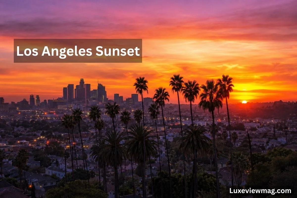 A picturesque Los Angeles sunset with a gradient of orange and pink colors, highlighting the skyline and surrounding palm trees.