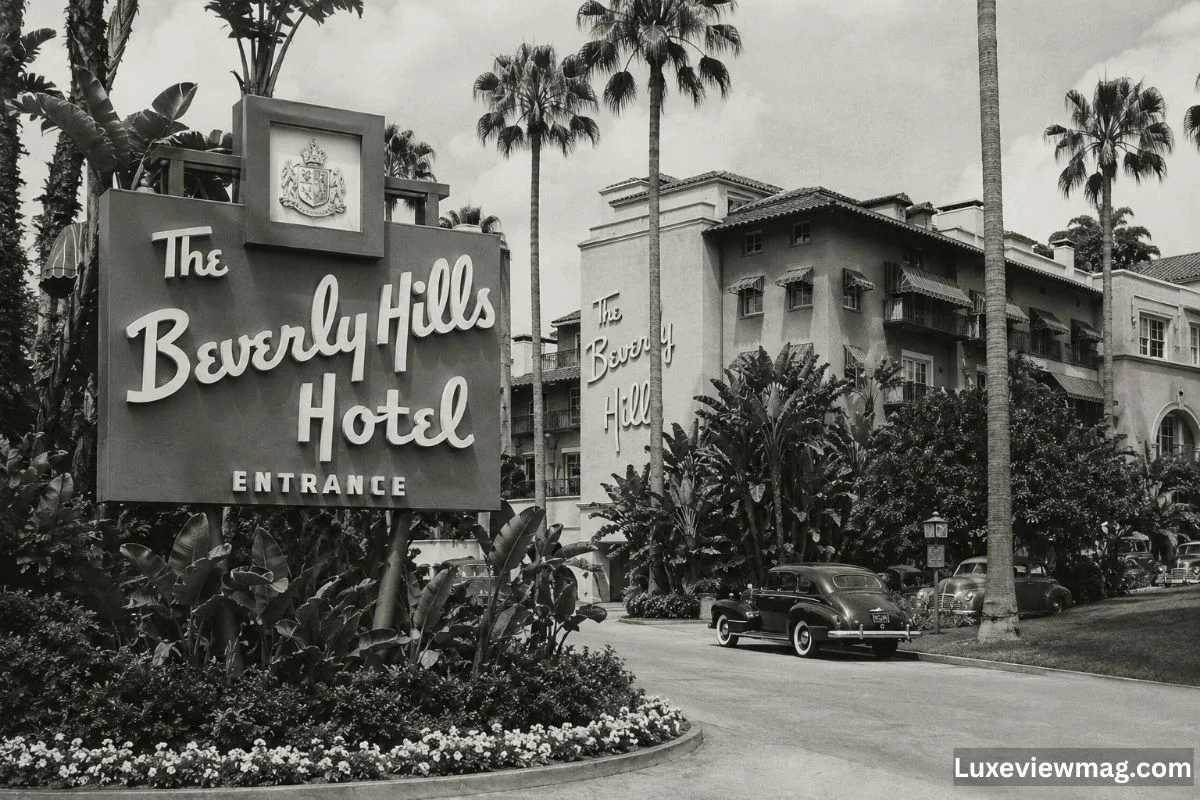 A monochrome depiction of the Beverly Hills Hotel sign, emphasizing its historic charm and distinctive lettering.