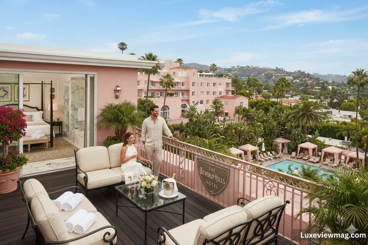 A luxury hotel suite balcony featuring elegant furniture and a scenic view of the sparkling pool below.