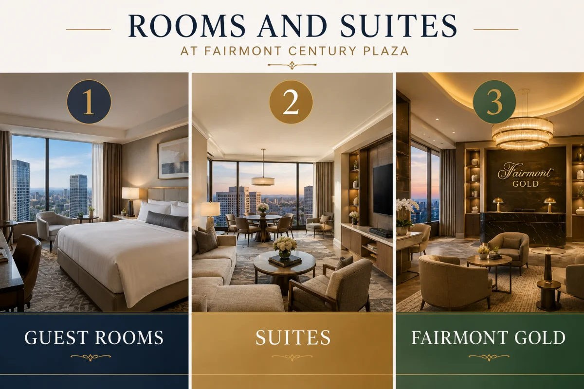 Luxury hotel rooms and suites at Fairmont Century Plaza, shown in three panels featuring a modern guest room, spacious city-view suite, and elegant Fairmont Gold lounge.