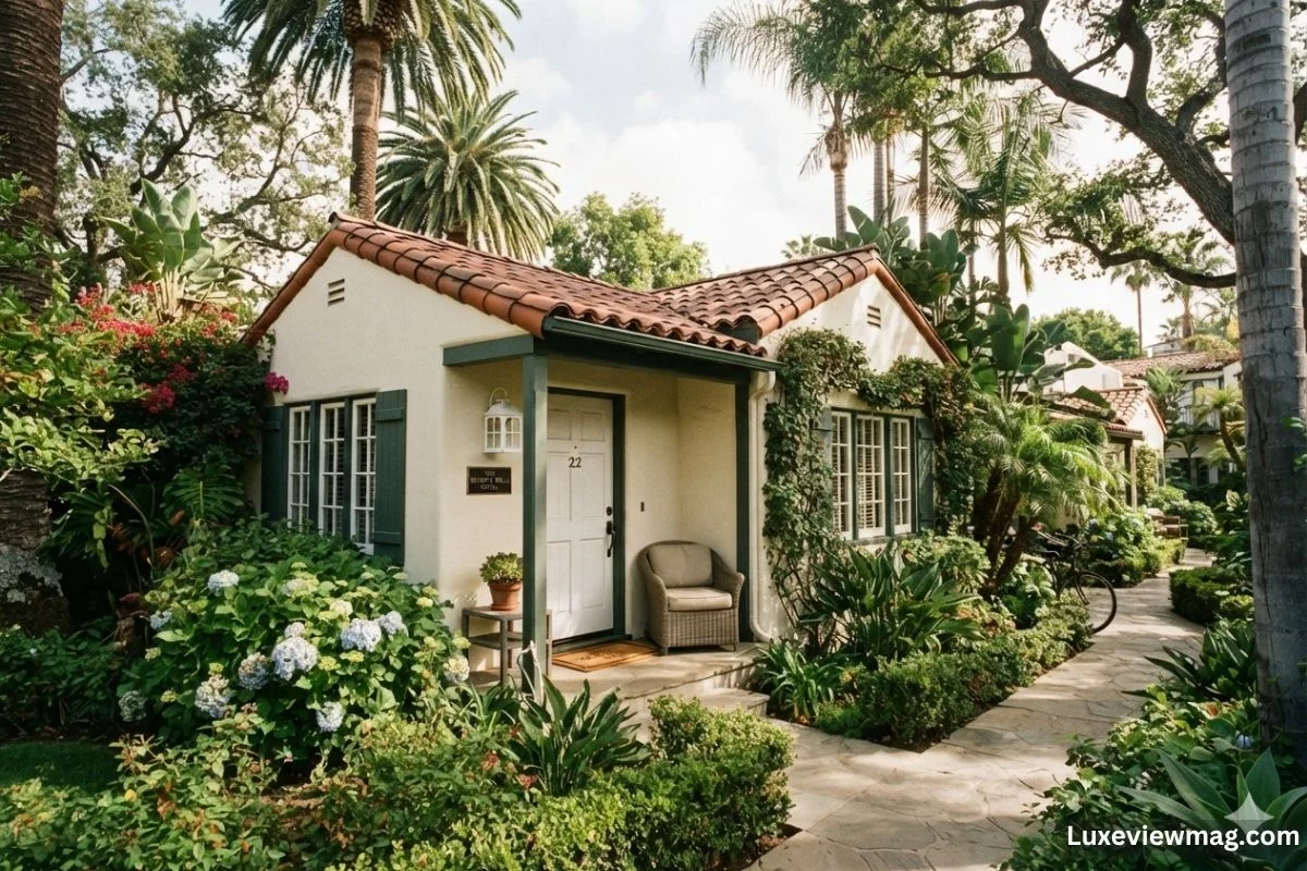 The Historic Bungalows surrounded by a lush garden and palm trees, showcasing its charming architecture.
