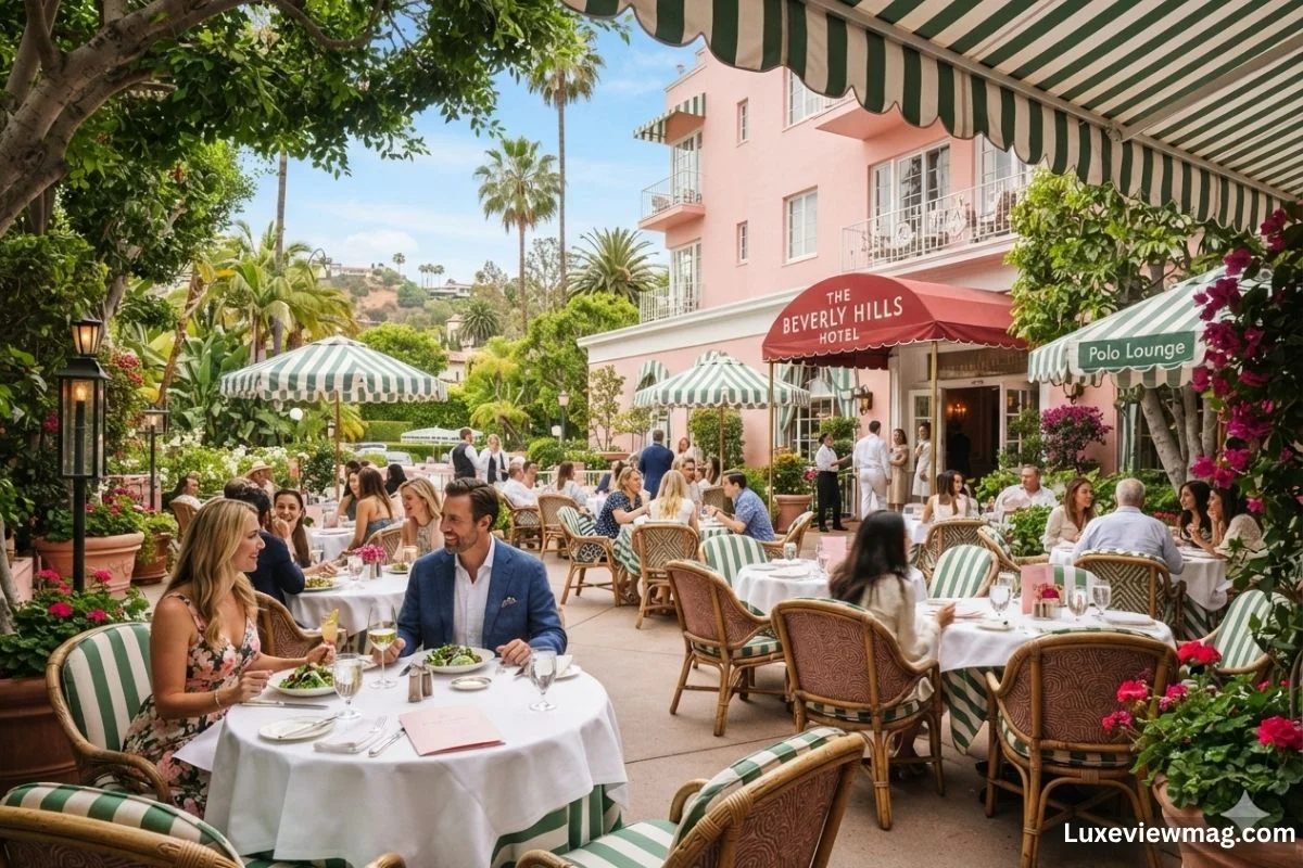 Guests enjoy dining at tables in the outdoor Polo Lounge restaurant, surrounded by greenery and a vibrant atmosphere.