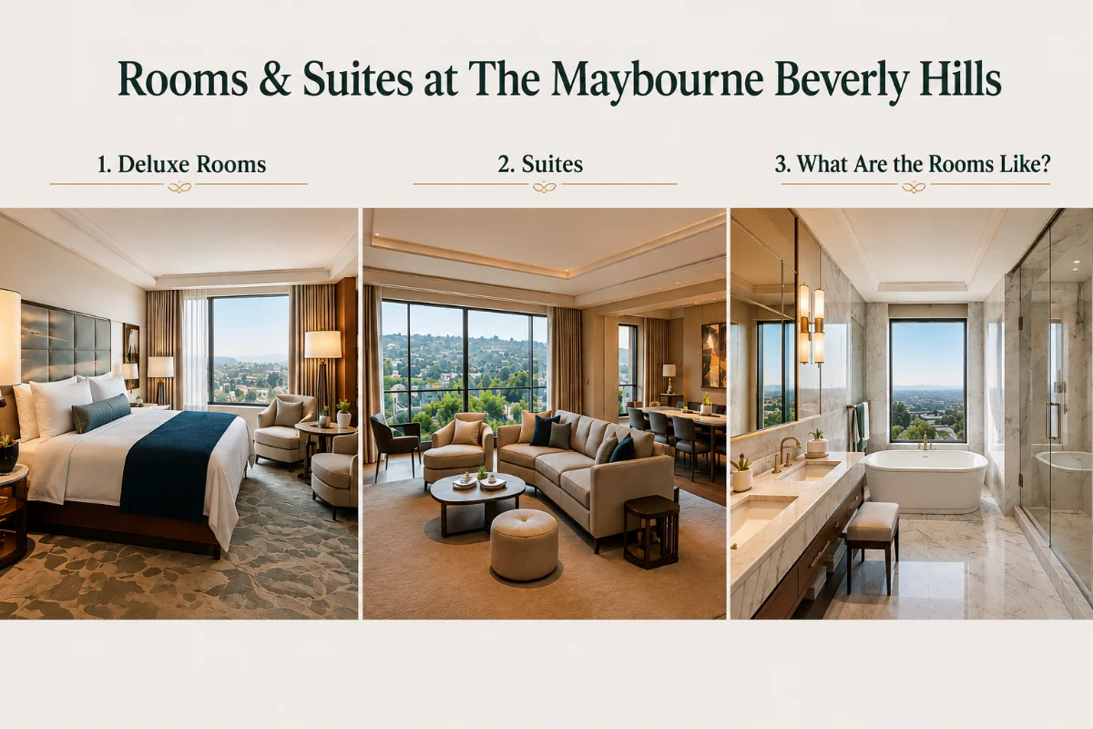 Rooms and suites at The Maybourne Beverly Hills, featuring a luxury bedroom, spacious suite living area, and elegant marble bathroom.