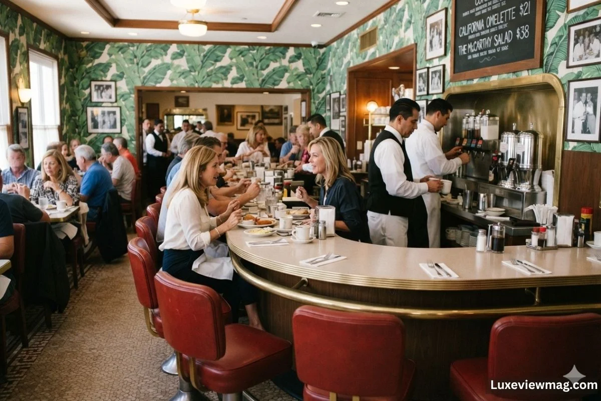 A social scene at a restaurant bar featuring a group of people conversing and relaxing together.