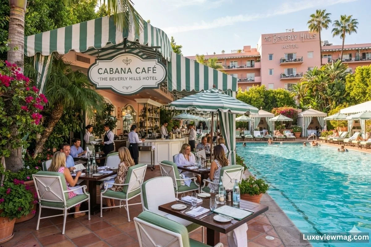 The Cabana Café at The Beverly Hills Hotel in Hollywood, showcasing a lively atmosphere with colorful furnishings and palm trees.