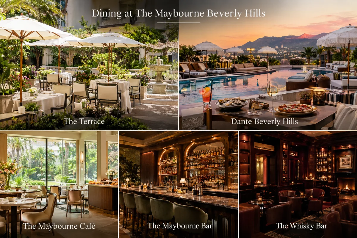The Terrace, Dante Beverly Hills rooftop, and The Maybourne Café at The Maybourne Beverly Hills.