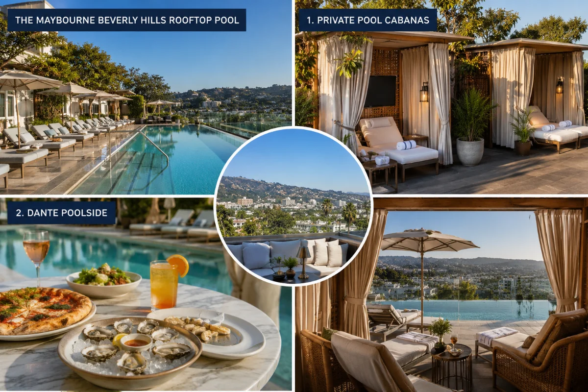The Maybourne Beverly Hills rooftop pool with private cabanas, panoramic Hollywood Hills views, and Dante poolside dining.