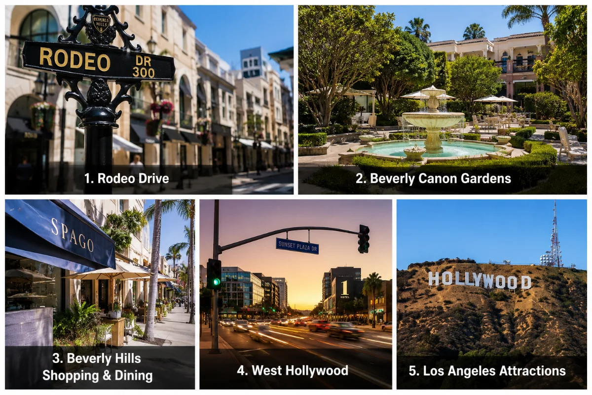 The Maybourne Beverly Hills nearby attractions collage featuring Rodeo Drive, Beverly Canon Gardens, Beverly Hills shopping and dining, West Hollywood, and Los Angeles attractions.