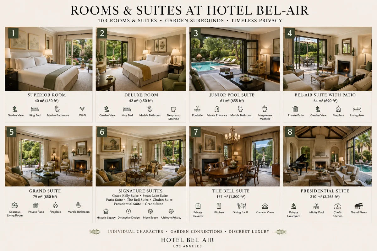 Rooms and suites at Hotel Bel-Air featuring elegant interiors, garden views, private patios, fireplaces, pools, and luxury amenities.