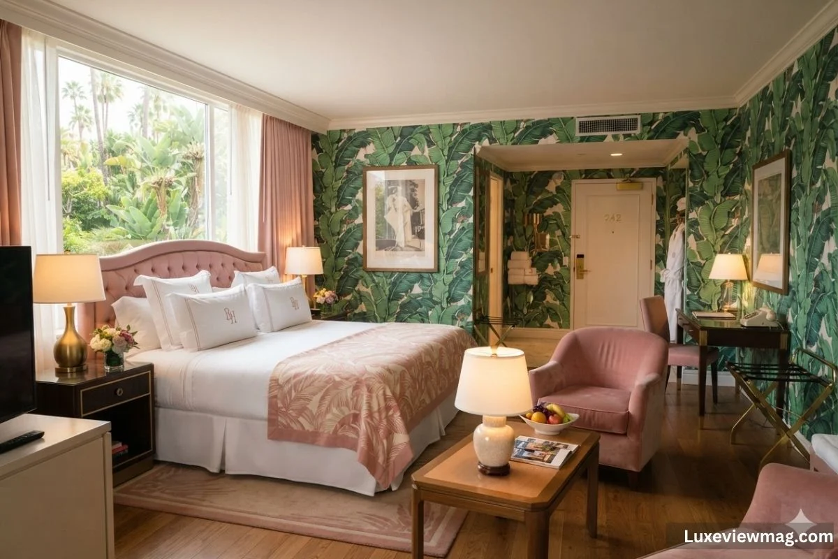A hotel guest room featuring a bed, desk, and television, designed for comfort and relaxation.