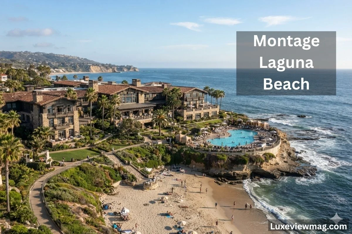 A scenic view of Montage Laguna Beach showcasing the ocean, sandy shore, and luxurious resort architecture.