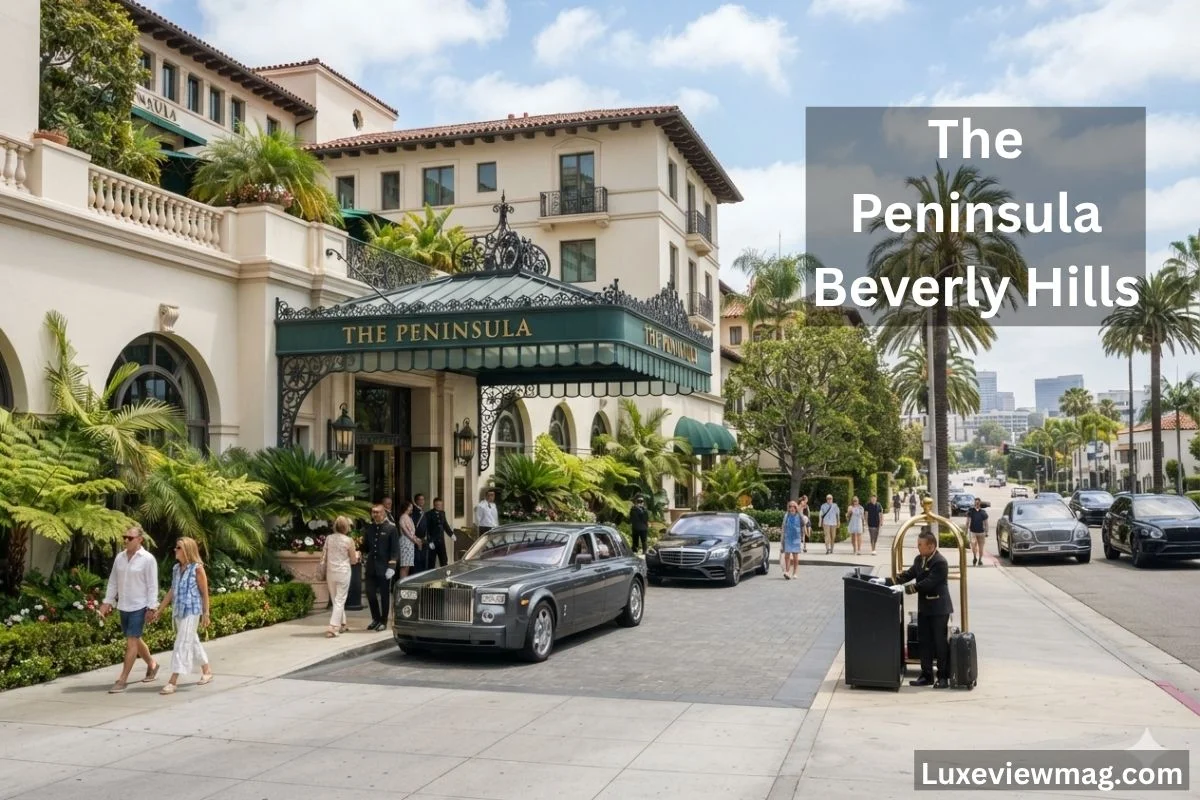 The Peninsula Beverly Hills hotel exterior showcasing elegant architecture and lush landscaping.