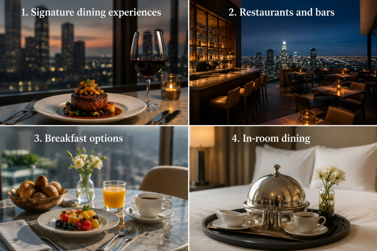 Luxury four-panel collage showcasing signature dining, restaurants and bars, breakfast options, and elegant in-room dining at The Ritz-Carlton, Los Angeles, with skyline views and refined hotel cuisine.