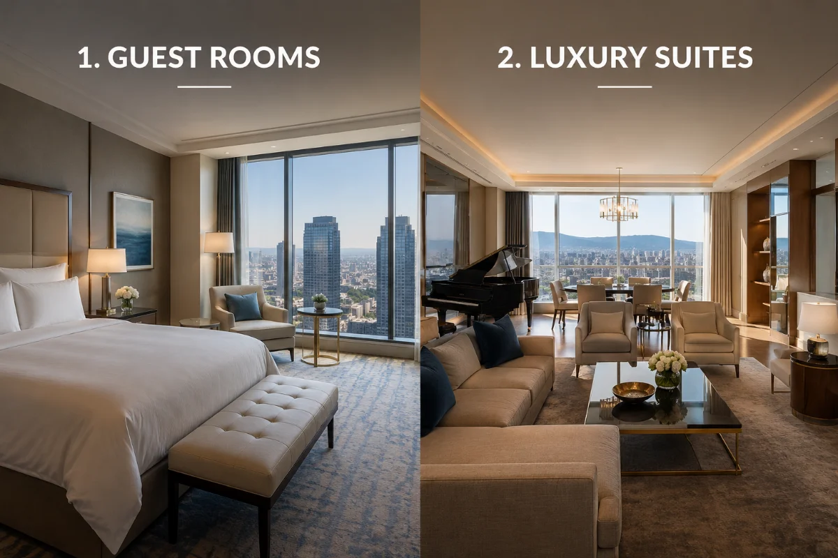 Luxury hotel guest room and spacious luxury suite side by side, featuring elegant neutral interiors, floor-to-ceiling windows, and panoramic views of the Los Angeles skyline and surrounding hills.