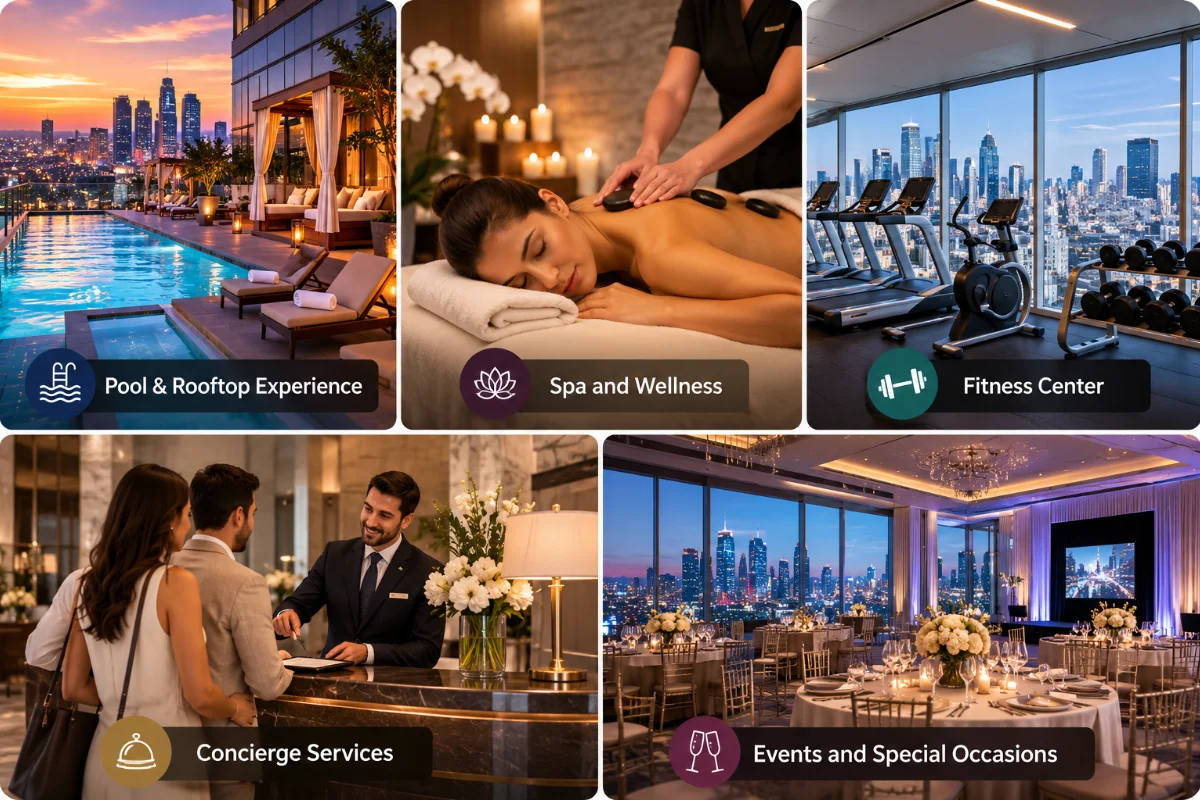 Luxury hotel amenities collage featuring a rooftop pool, spa and wellness treatment, fitness center with city views, concierge services, and an elegant event space for special occasions.