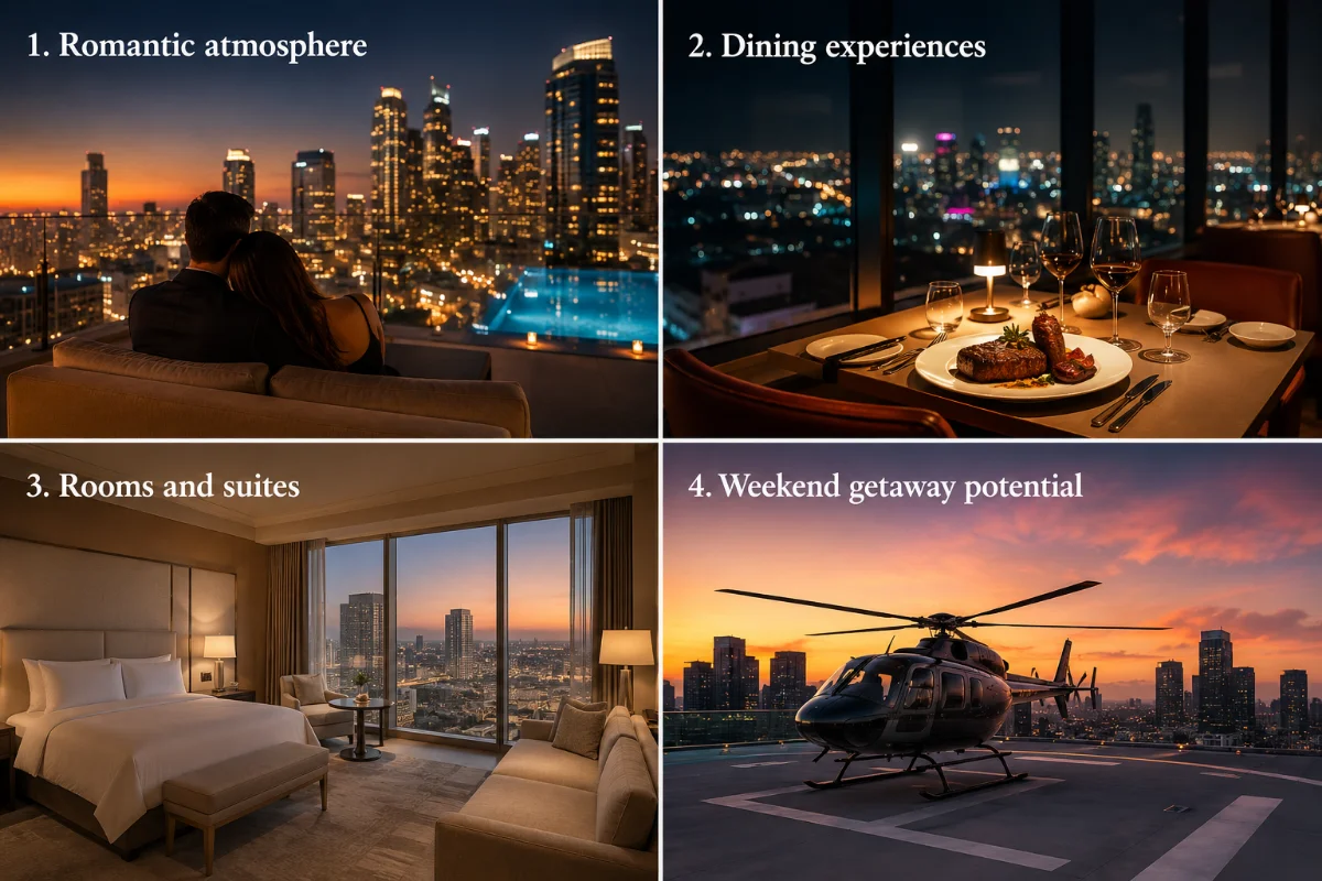 Four-panel collage showcasing a romantic luxury hotel experience in Los Angeles, featuring a couple enjoying skyline views by a rooftop pool, an elegant candlelit dinner, a spacious luxury suite overlooking the city, and a helicopter on a rooftop helipad at sunset.
