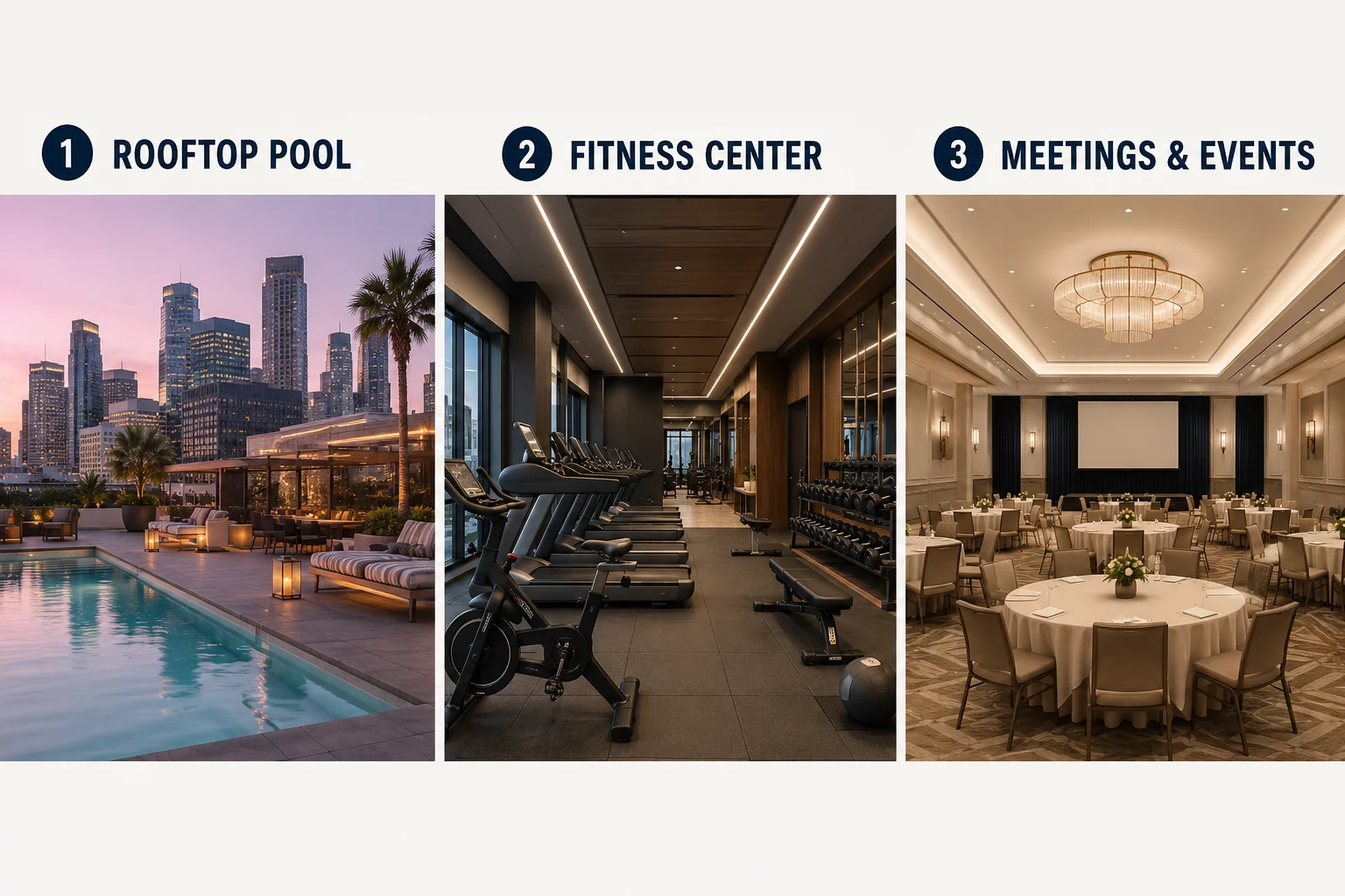 Downtown LA Proper Hotel amenities featuring a rooftop pool, modern fitness center, and elegant meetings and events space.