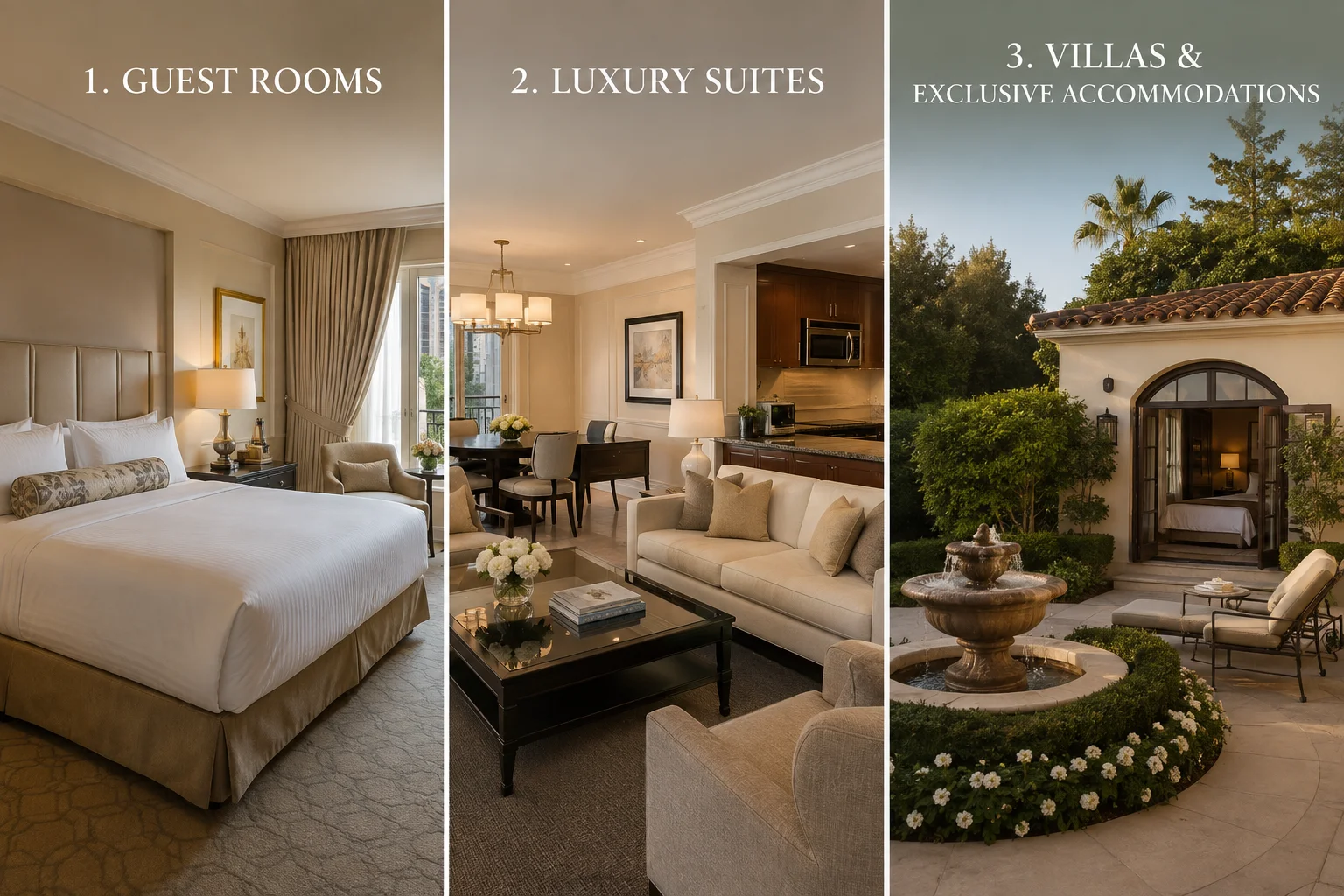 The Peninsula Beverly Hills rooms, luxury suites, and private garden villas shown in a realistic three-panel hotel interior and exterior collage.