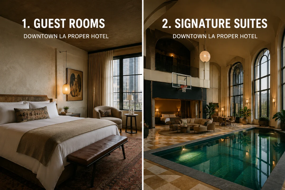 Downtown LA Proper Hotel guest room and signature suite featuring luxury interiors, an indoor pool, and distinctive architectural design.