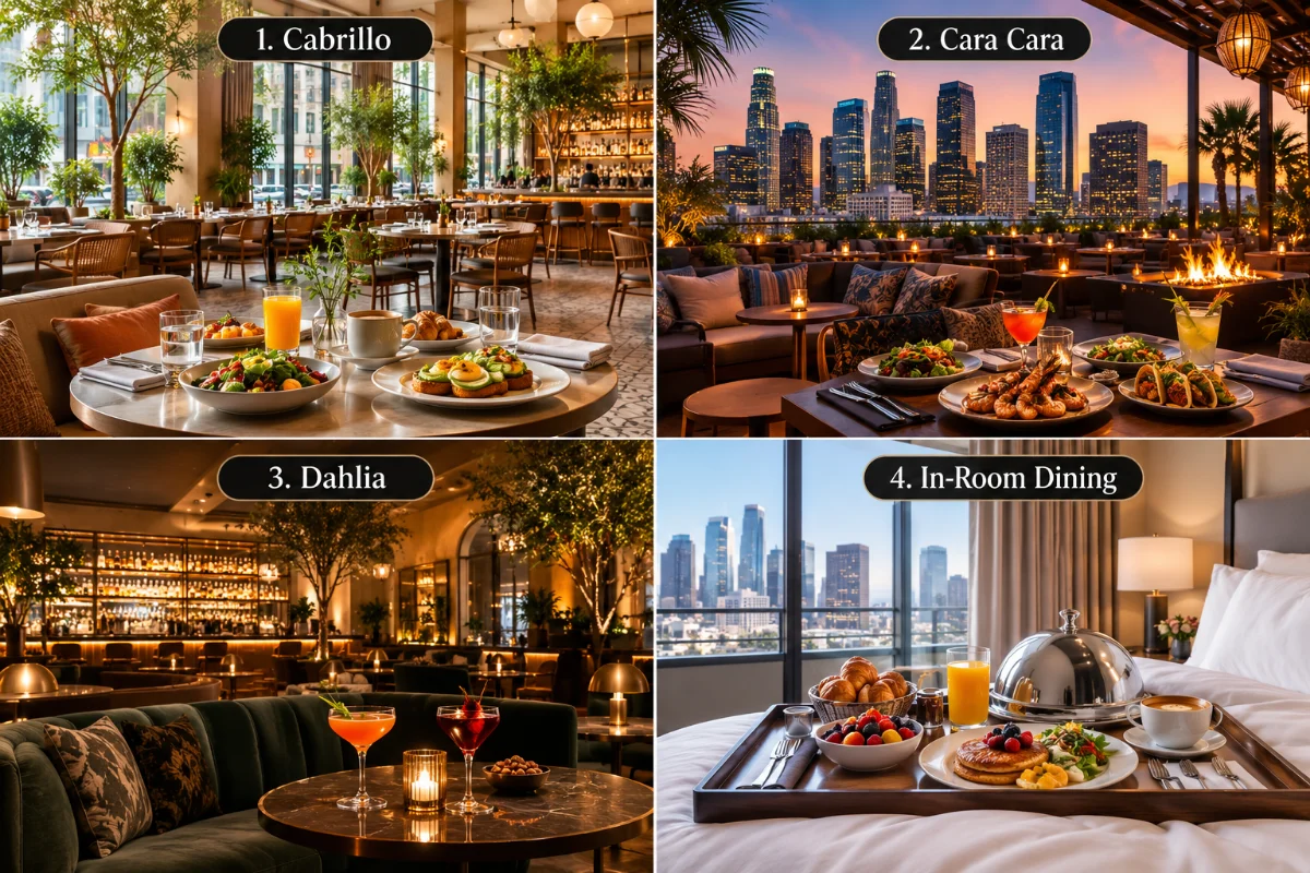 Downtown LA Proper Hotel dining collage featuring Cabrillo restaurant, Cara Cara rooftop dining, Dahlia cocktail lounge, and in-room dining.
