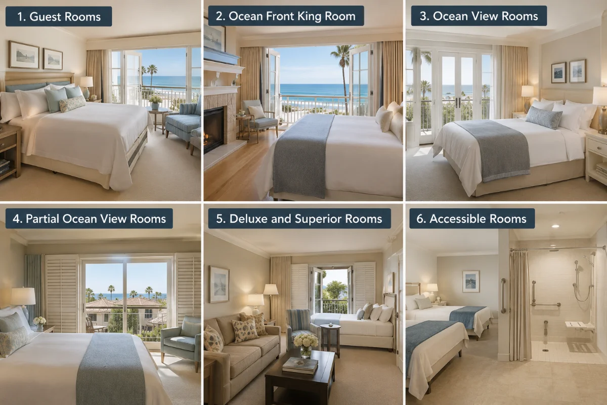 Six realistic Shutters on the Beach accommodation interiors featuring guest rooms, an oceanfront king room, ocean-view room, partial ocean-view room, deluxe and superior rooms, and an accessible room.
