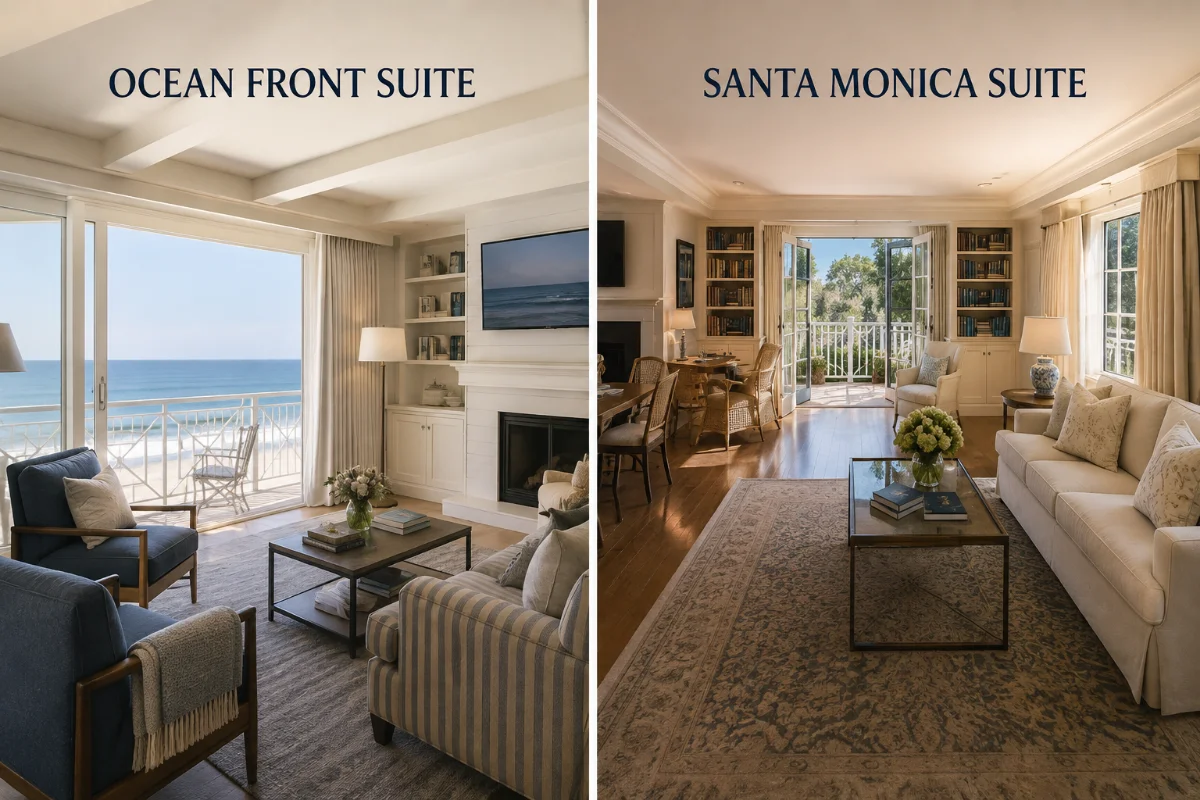 Ocean Front Suite and Santa Monica Suite at Shutters on the Beach, featuring elegant coastal interiors, spacious living areas, balconies, and luxury furnishings.