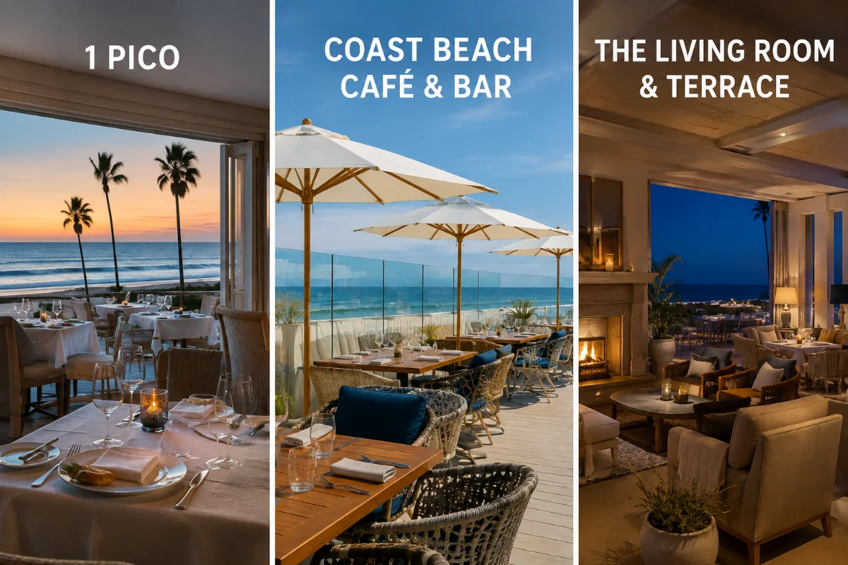 Shutters on the Beach dining experiences featuring 1 Pico, Coast Beach Café & Bar, and The Living Room & Terrace, with elegant interiors, beachfront seating, and ocean views.