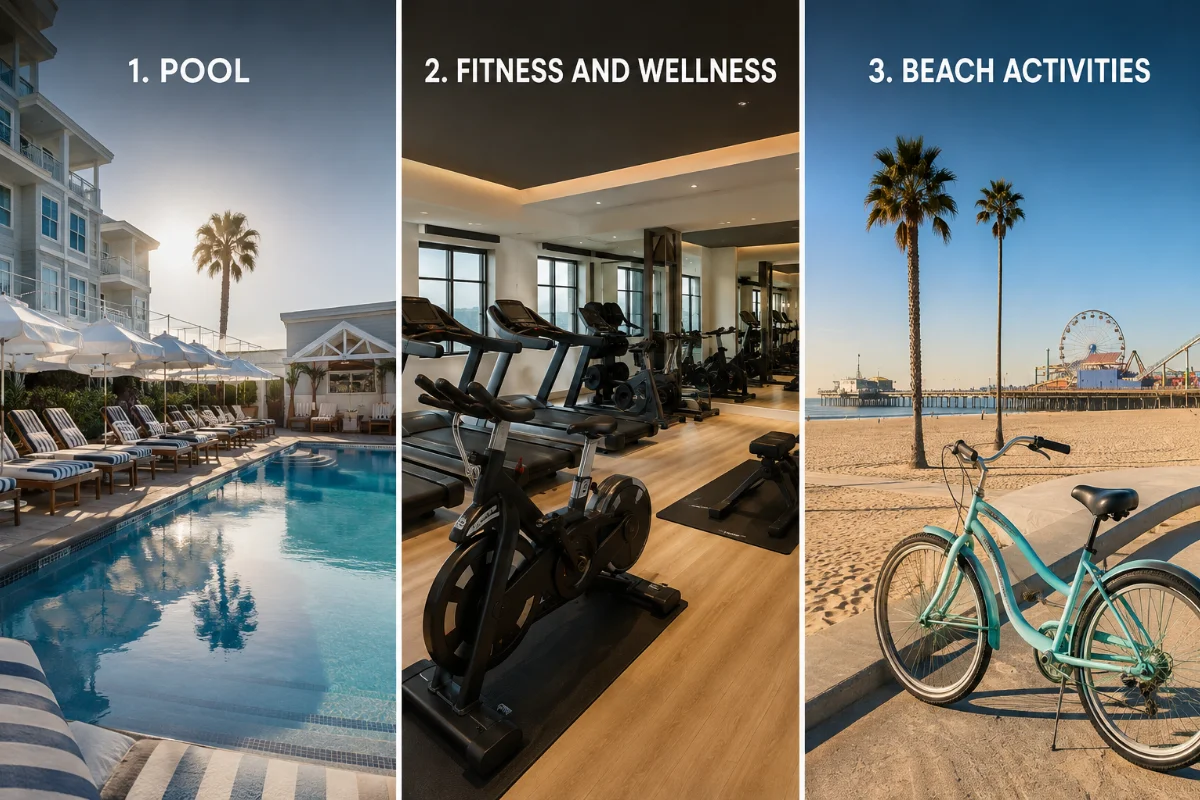 Shutters on the Beach amenities featuring an outdoor pool, modern fitness center, and beach activities with a bicycle by the Santa Monica shoreline.