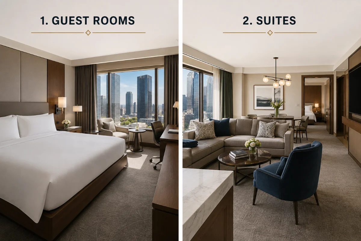 Conrad Los Angeles guest room and luxury suite interiors with modern furnishings and Los Angeles city views.