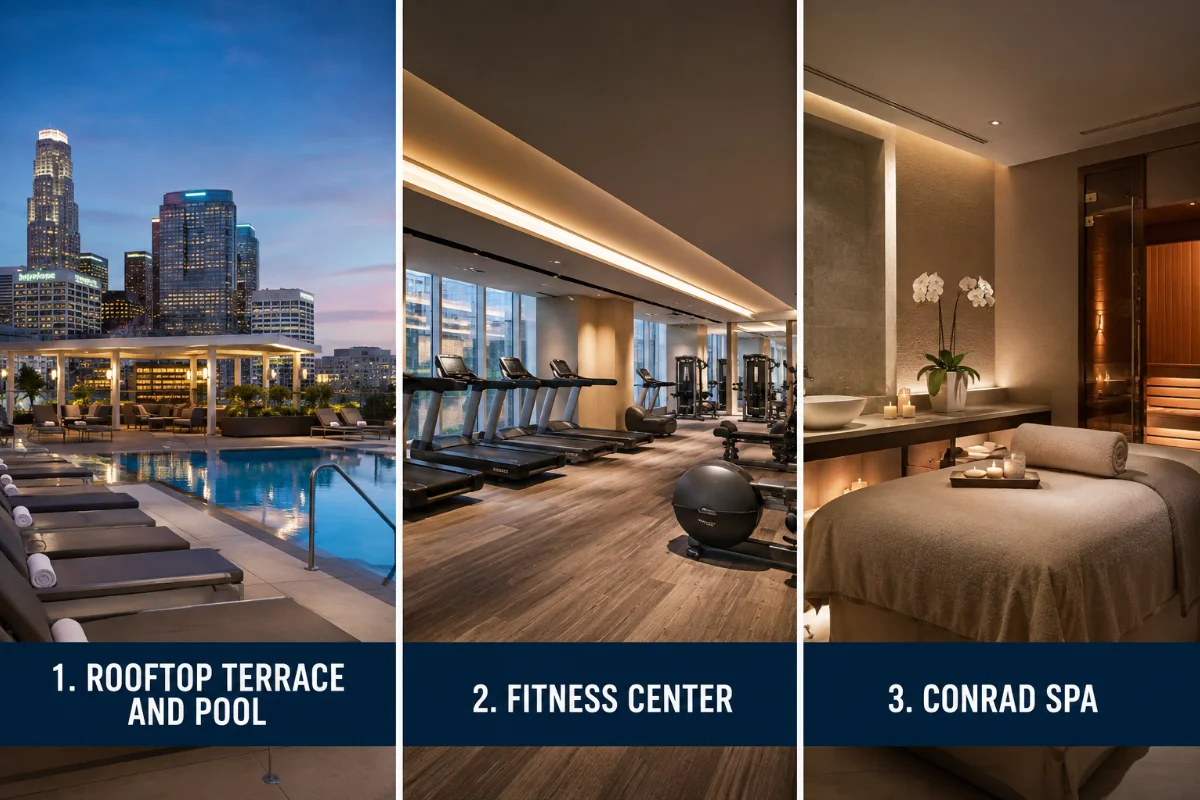 Conrad Los Angeles amenities featuring rooftop terrace and pool, fitness center, and Conrad Spa.