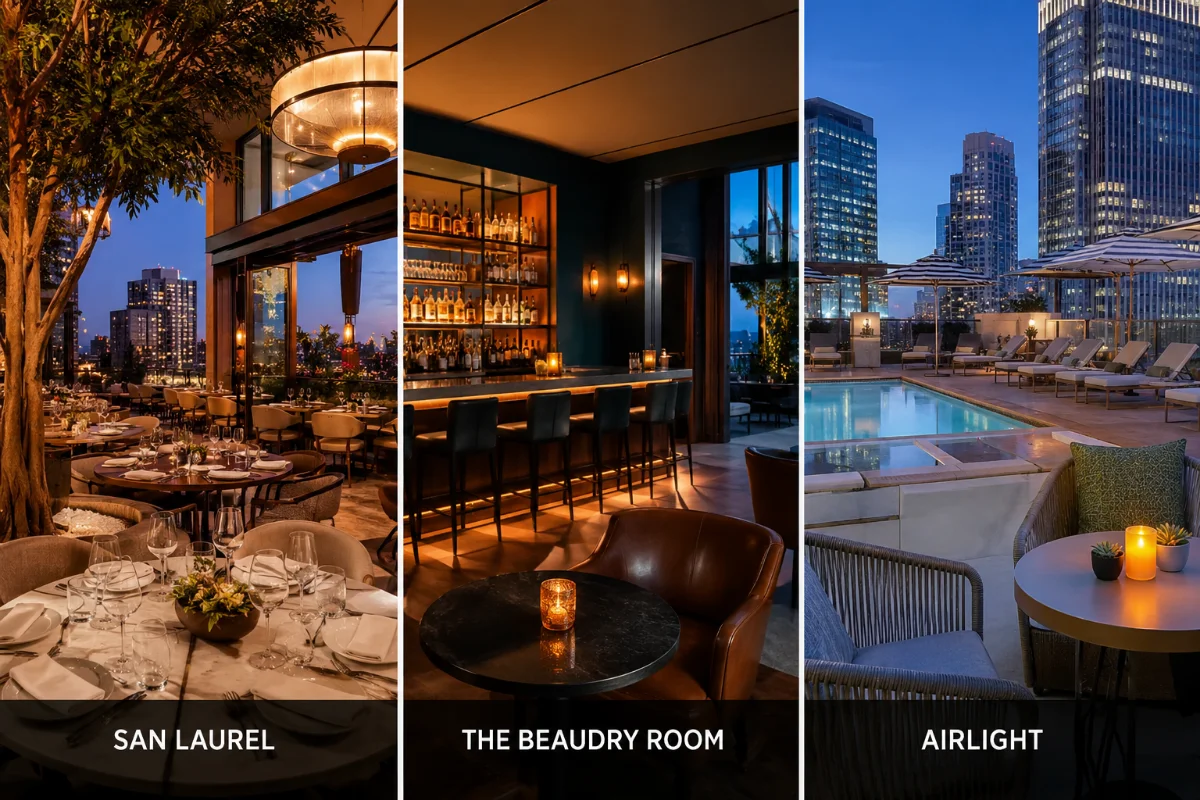 San Laurel, The Beaudry Room, and Airlight dining venues at Conrad Los Angeles.