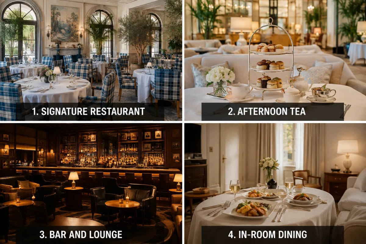 The Peninsula Beverly Hills dining experiences featuring a signature restaurant, elegant afternoon tea, sophisticated bar and lounge, and private in-room dining.