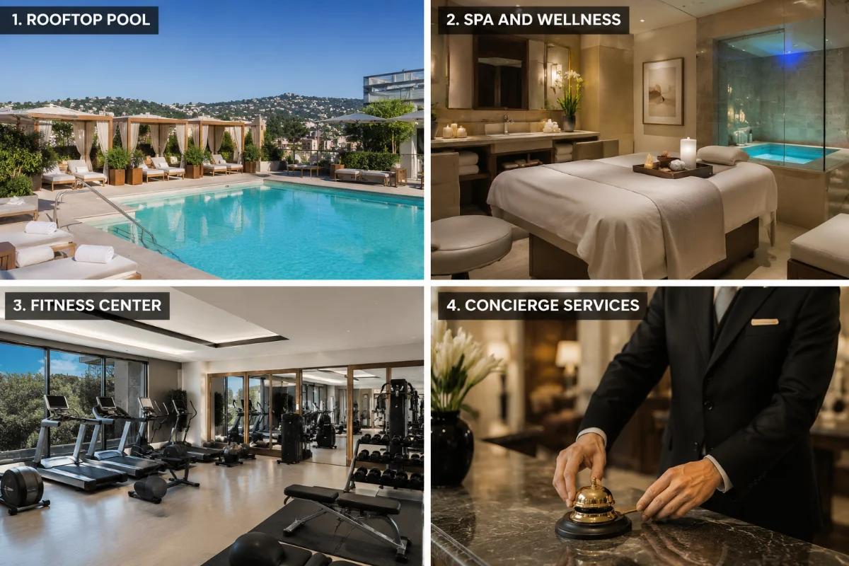 The Peninsula Beverly Hills amenities collage featuring a rooftop pool, spa and wellness area, fitness center, and concierge services.